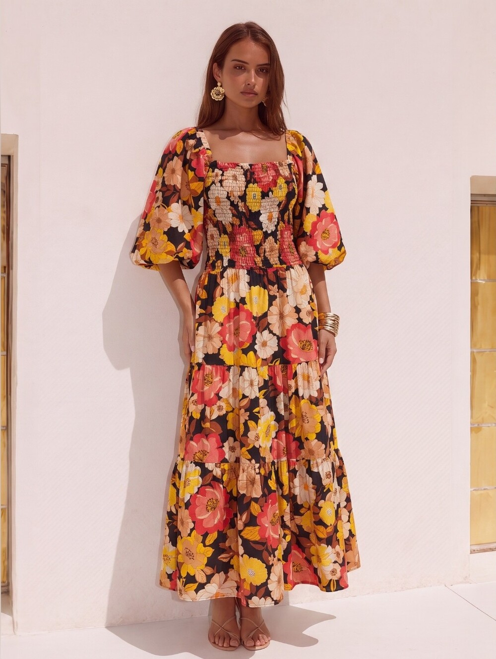 NWT Floral Smocked Square Neckline Maxi Dress Balloon Sleeves Tiered S Cottage